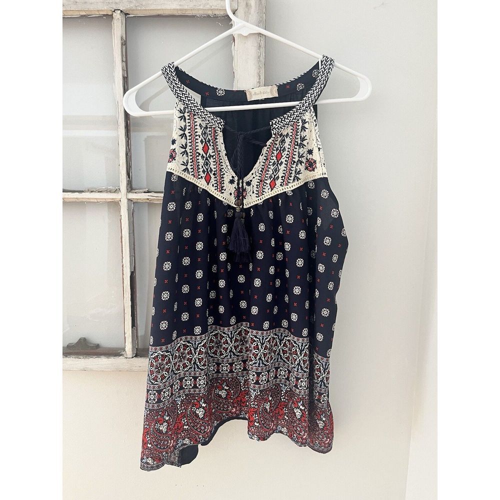 Altar'd State Size L Boho Blouse Sleeveless Top Paisley Print Tassel Embroidered